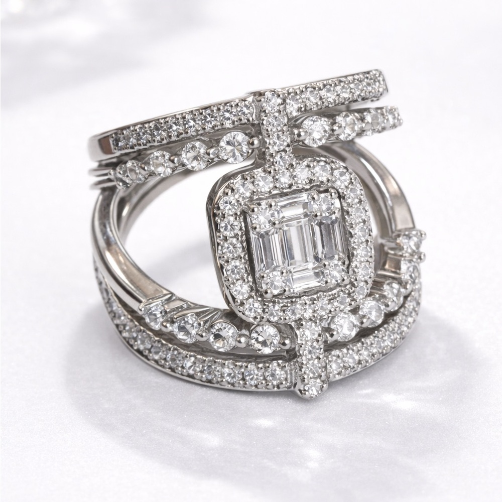 Silver Multi-Band Halo Diamond Ring - Picture 3 of 4